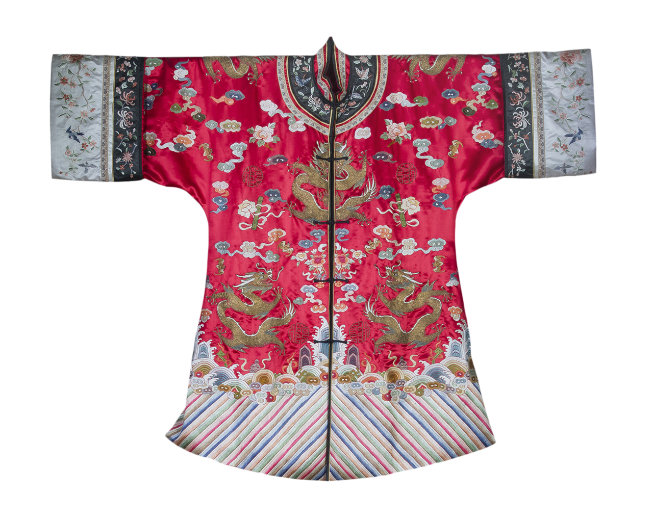 红缎地五彩云平针绣八蟒袍 红缎地五彩云平针绣八蟒袍