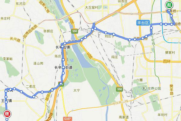 丽泽桥→云岗南宫公交场站 非卫星线路图 丽泽桥→云岗南宫公交场站 非卫星线路图