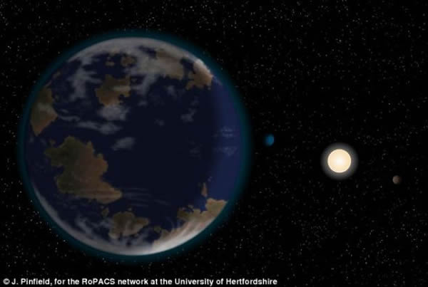 系外行星HD40307g示意图(左侧前景) 系外行星HD40307g示意图(左侧前景)
