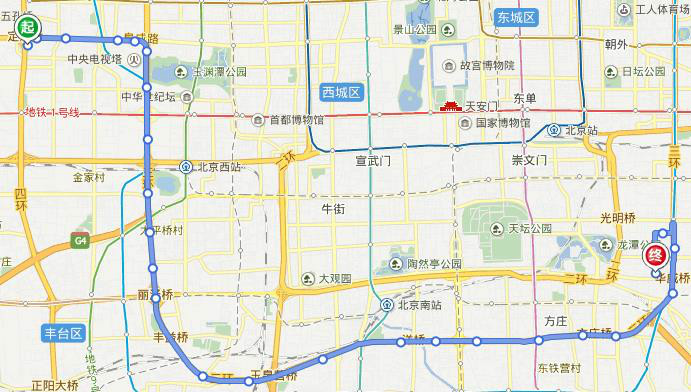 北京368路 定慧桥南→左安路 非卫星线路图 北京368路 定慧桥南→左安路 非卫星线路图