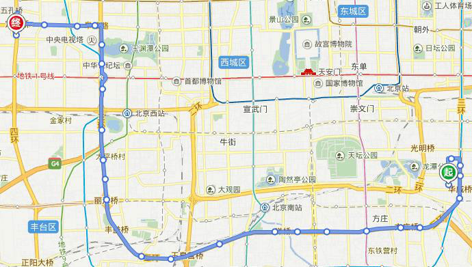 北京368路 左安路→定慧桥南 非卫星线路图 北京368路 左安路→定慧桥南 非卫星线路图