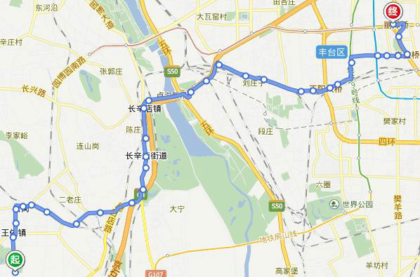 云岗南宫公交场站→丽泽桥 非卫星线路图 云岗南宫公交场站→丽泽桥 非卫星线路图